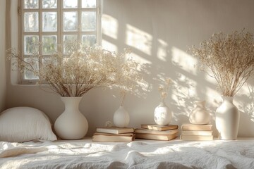 Serene Minimalist Arrangement of White Vases Dried Flowers and Books in a Peaceful Light-Filled Sp