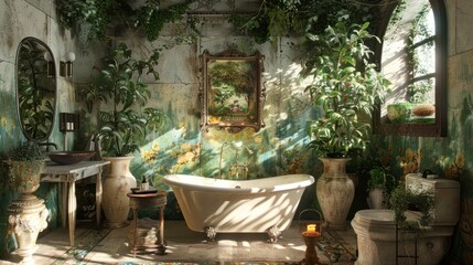 Obraz premium Artistic bathroom design with elegant vases and comfortable bathtub AI generated image