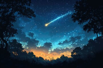 Naklejka premium A Shooting Star Shines Brightly Over Serene Woods in a Dark Blue Night Sky