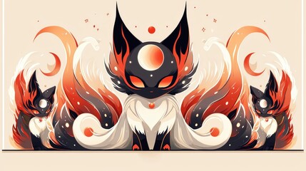 Naklejka premium Mystical Fox with Fire and Moon Tails