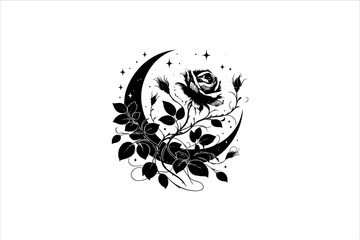 Rose and moon Silhouette Vector Illustration. Wild Rose Silhouette Vector Isolated on white background.