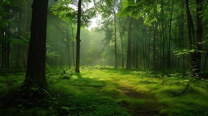 Obraz premium Sunlight peeks through a dense forest, illuminating a mystical path. The green foliage and mist create a sense of serenity and tranquility.