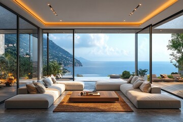 Fototapeta premium Elegant Contemporary Living Room with Sea View Showcasing a Stylish Wooden Table Space