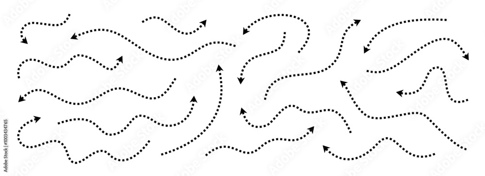 Aufkleber black dotted thin arrows set. wavy and curved dashed pointers collection. wiggly sketchy direction l