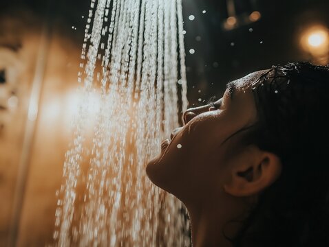 Mulher relaxa sob o chuveiro, permitindo que a &aacute;gua leve todo o estresse do dia. A imagem transmite calma, renova&ccedil;&atilde;o e autocuidado, convidando a um momento de paz e tranquilidade