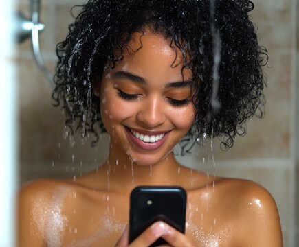 Uma jovem interrompe seu banho para interagir com o celular. A imagem reflete a depend&ecirc;ncia da tecnologia no cotidiano, evidenciando a dificuldade de se desconectar, mesmo em momentos de privacidade