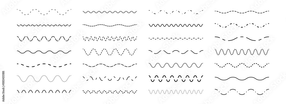 Aufkleber Dashed wave line set. Dotted dividers or separators design element collection. Broken wavy stroke pack for underline, emphasis, highlight. Repeated dash zigzag lines bundle. Vector
