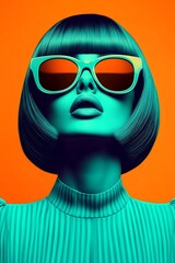 Vibrant Cyan Portrait of Woman with Orange Sunglasses