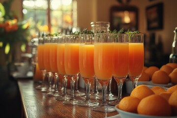 Vibrant Table of Orange Juice Glasses with a Touch of Emptiness and AI Inspiration