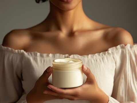 Mulher de pele parda segurando creme corporal na m&atilde;o. A imagem celebra a beleza natural da pele negra e o ato de cuidar de si, promovendo autoaceita&ccedil;&atilde;o e bem-estar.