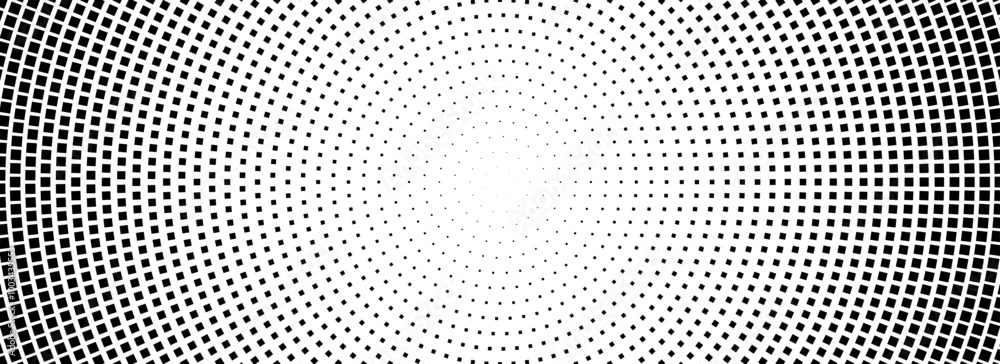 Poster halftone concentric dotted background. square dots gradient texture. radial fading comic gradation w