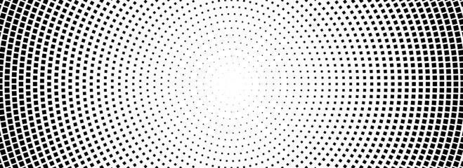 Halftone concentric dotted background. Square dots gradient texture. Radial fading comic gradation wallpaper. Black and white rough gritty overlay. Grunge circular monochrome pop art backdrop. Vector