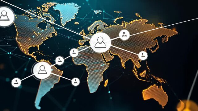 A digital map of the world with connected profile icons representing a global network