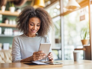 Mulher de negócios multitarefa: equilibra a gestão da loja física com o mundo online através do celular. A imagem transmite dinamismo, eficiência e a nova era do varejo