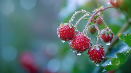 Bright Strawberry, plant with water drops.