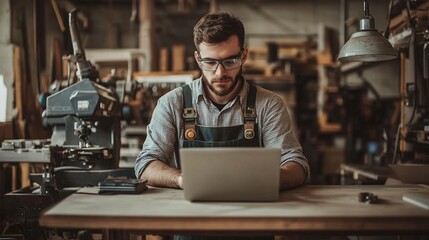 Focused Craftsman Using Laptop in Workshop