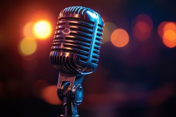 Vintage Microphone Ready for Concert with Vibrant Bokeh Lights Creating an Electric Atmosphere