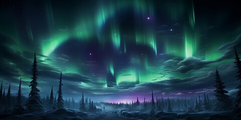 A mesmerizing display of the aurora borealis illuminates the night sky, casting an ethereal glow over a snow-covered forest, with stars twinkling in the background.