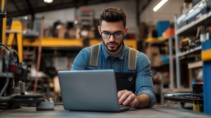 Fototapeta premium Young Man Working on Laptop in Workshop Environment