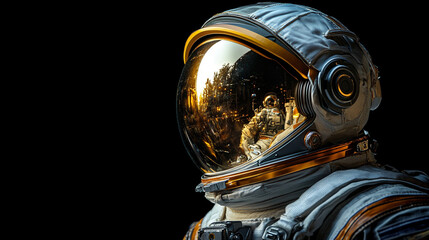 solitary astronaut figure in a sleek helmet floats in the vast emptiness of space. The scene symbolizes exploration, human curiosity, and the quest for knowledge beyond our planet