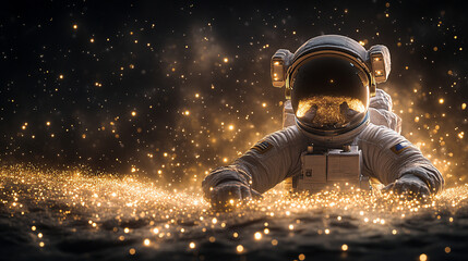 solitary astronaut figure in a sleek helmet floats in the vast emptiness of space. The scene symbolizes exploration, human curiosity, and the quest for knowledge beyond our planet