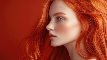 Fototapeta premium Young woman with long red hair in profile against background