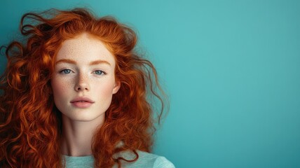 Fototapeta premium Woman with curly red hair and freckles against teal background
