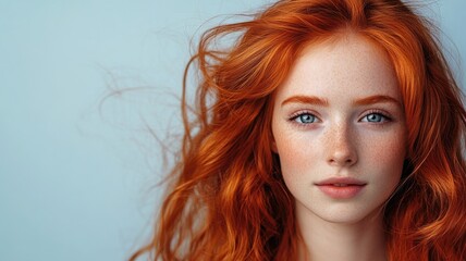 Naklejka premium Fair-skinned redhead woman with blue eyes and freckles, staring intently