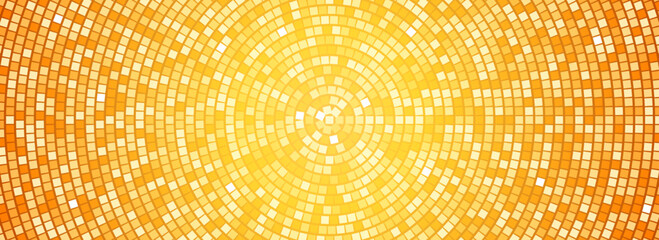 Radial gold disco party pattern. Yellow square sequin mosaic texture background. Abstract golden shining glitter halftone wallpaper. Pop up comic sparkling glitter backdrop. Vector  © vika_k