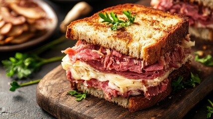 Hearty sandwich with layers of corned beef and melted cheese on toasted bread garnished parsley