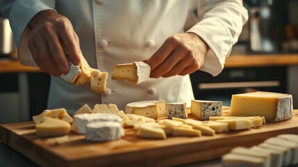 A chef arranging different types of cheese on a wooden cutting board.