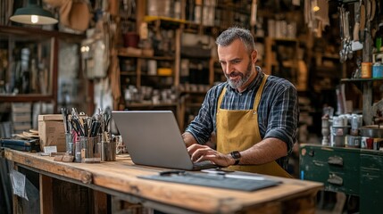 Obraz premium Craftsman Working in Workshop with Laptop