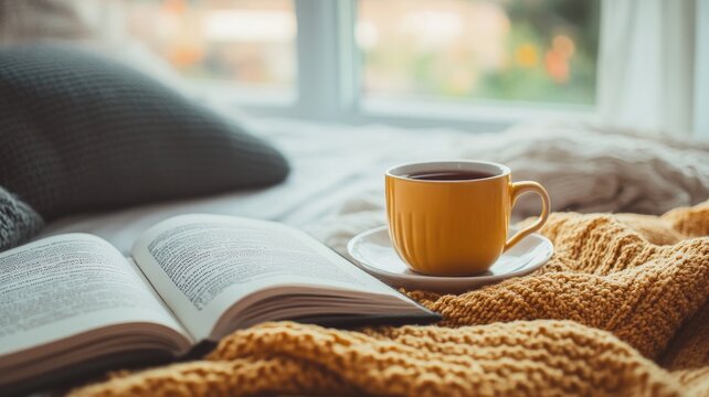 Cozy scene with open book, coffee, and knitted blanket by window