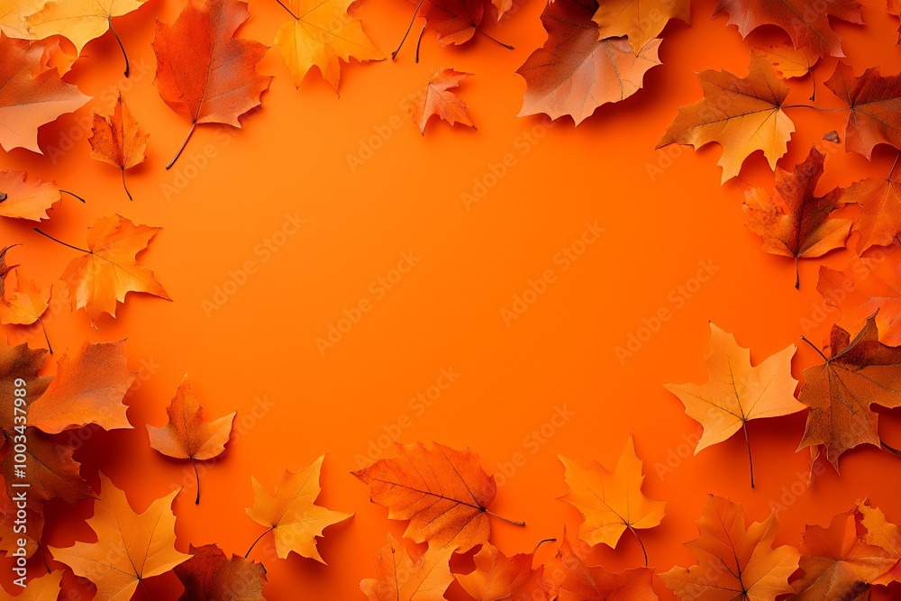 Poster Orange background with scattered autumn leaves.