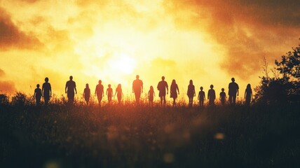 Fototapeta premium Group of people walking towards sunset on grassy field