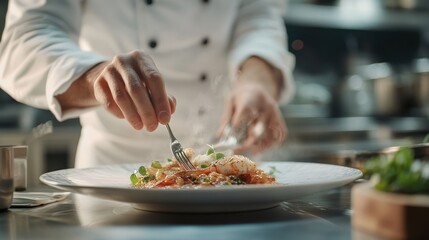A chef carefully plates a delicious-looking dish of seafood and vegetables, garnished with fresh herbs and a drizzle of sauce.