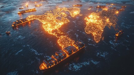 Fototapeta premium A futuristic world map displays AI-enhanced global shipping routes, showing efficient container ship movements for international trade