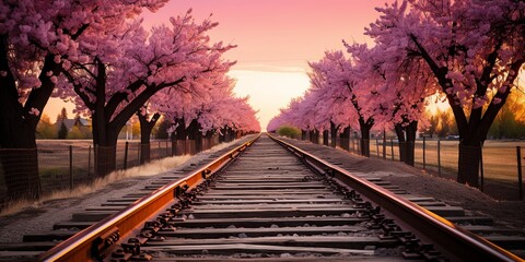 Fototapeta premium A railroad track disappearing into the distance, framed by a row of blossoming pink trees, bathed in the warm glow of a setting sun.