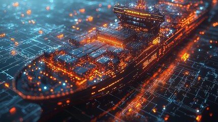 A futuristic AI interface controlling container ship routes on a world map, optimizing global supply chains for efficient delivery