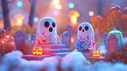 Fototapeta premium Sweet little ghosts emerge from vibrant graves, surrounded by soft Halloween decorations, creating a playful and light scene.