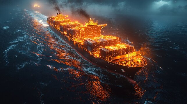 AI-powered logistics system managing real-time global shipping routes, visualizing container ship movements on a world map