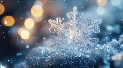 Fototapeta premium A close-up of a shimmering snowflake with a soft bokeh background, capturing the beauty and elegance of winter's wonders.