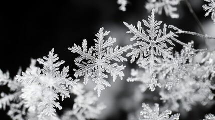Close-up of intricate snowflakes against a dark background, showcasing nature's winter beauty and unique frost patterns.