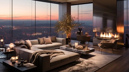 Fototapeta premium Modern living room with a fireplace and a stunning view of a cityscape at dusk. The large windows offer breathtaking panoramic views, while the warm glow of the fireplace creates a cozy ambiance.
