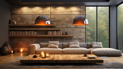 Modern living room with sectional sofa, wood coffee table, large windows, and decorative shelving with books