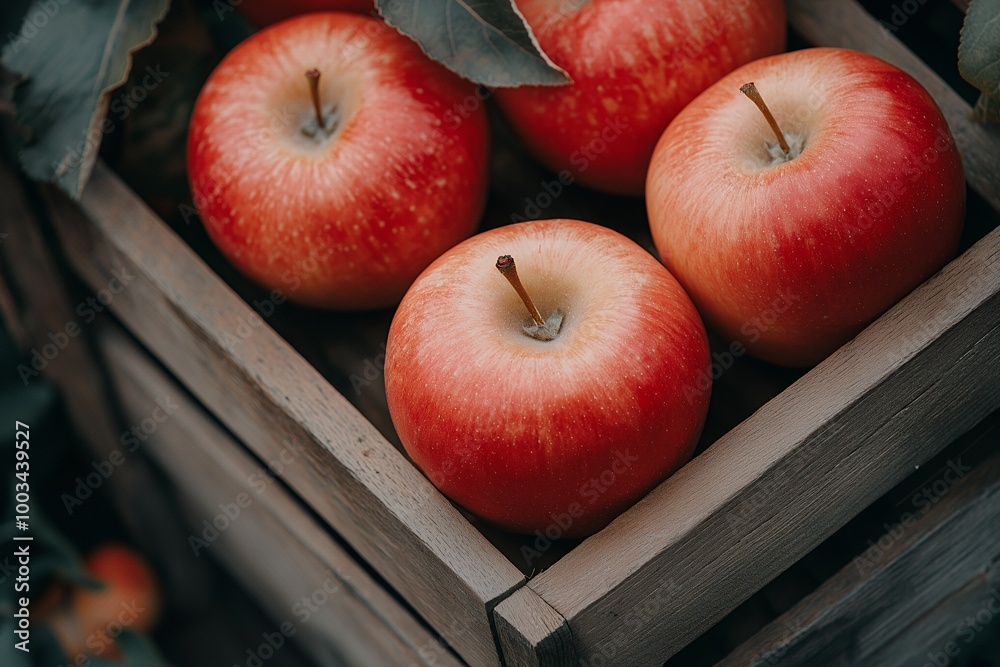 Wall mural red apples in a wooden crate, close-up.