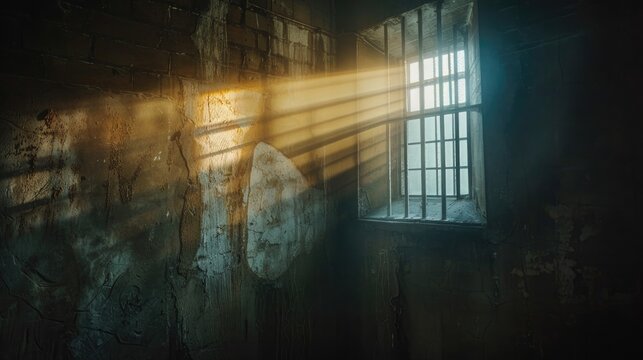 Faint illumination streaming through a barred window in a shadowy detention space, empty interior with dull concrete walls.