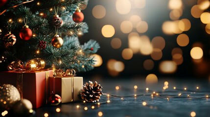 A Decorated Christmas Tree with Gifts and Festive Lights
