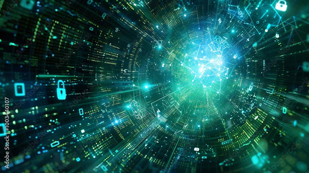 Aufkleber Abstract Cyber Network with Glowing Data Streams and Security Lock Icons