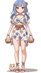 Adorable Anime Girl with Blue Hair and Cute Creatures